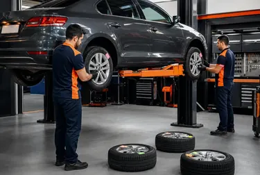 Mecânico fazendo rodízio de pneus de carro em uma borracharia.