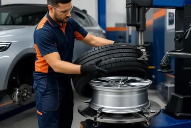 Mecânico trocando pneu de veículo em uma borracharia.