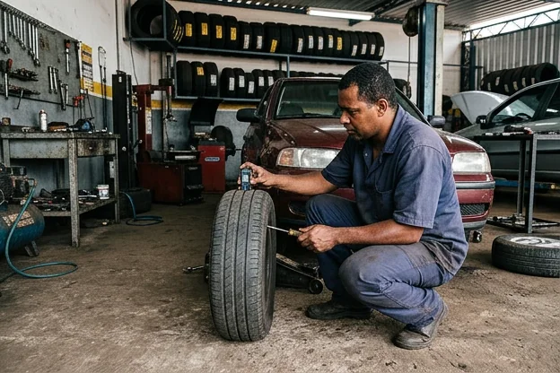 Profissional inspecionando pneus de carro para manutenção.