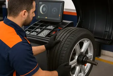 Profissional realizando balanceamento de rodas com equipamento adequado em uma borracharia.