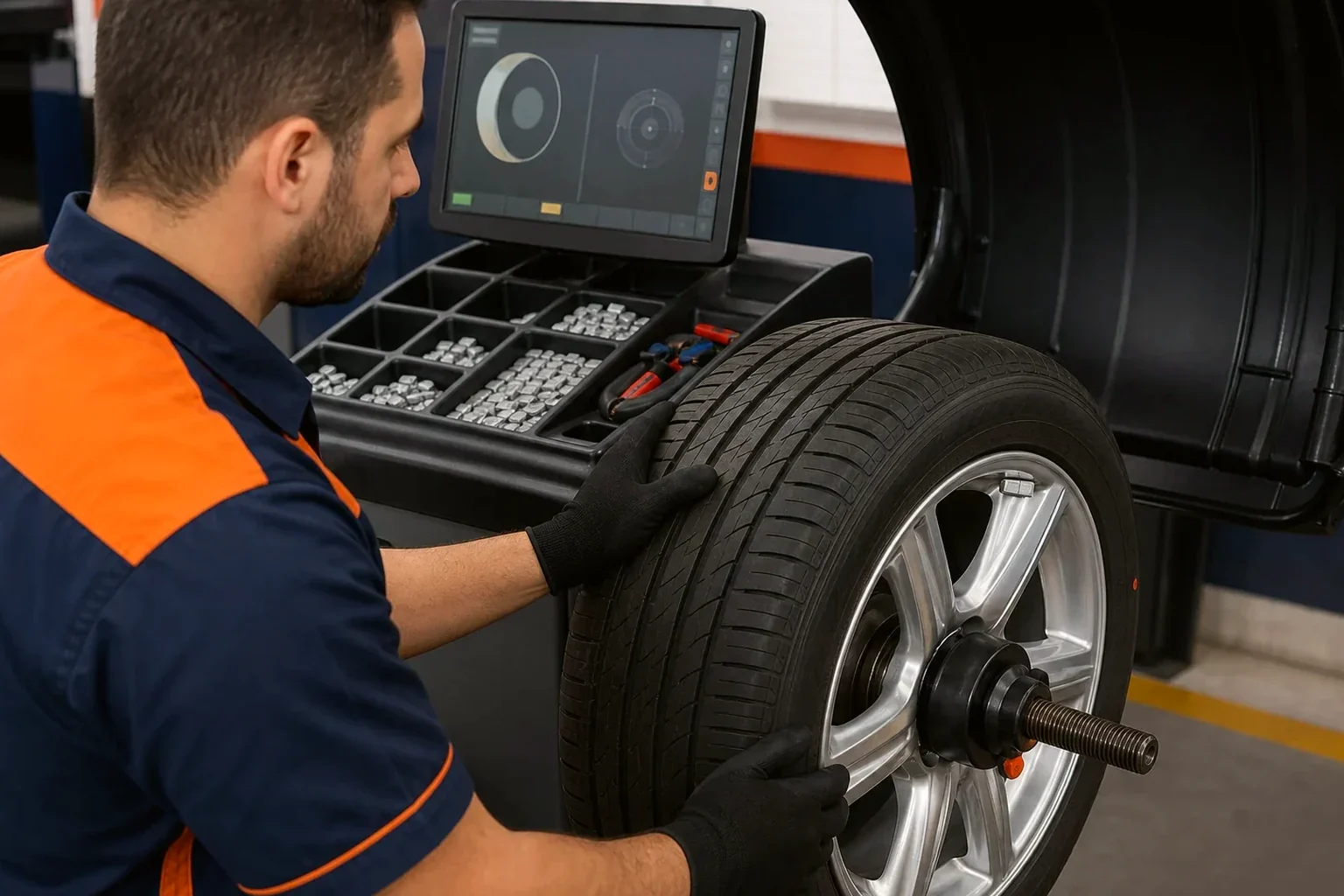 Profissional realizando balanceamento de rodas com equipamento adequado em uma borracharia.