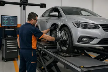Técnico ajustando alinhamento de rodas de um carro em uma borracharia.