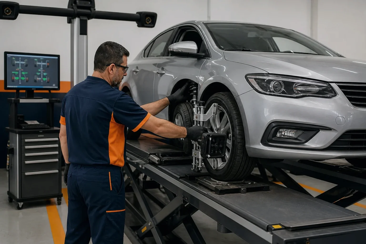 Técnico ajustando alinhamento de rodas de um carro em uma borracharia.
