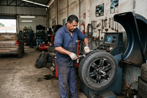 Técnico balanceando roda de carro em uma borracharia.